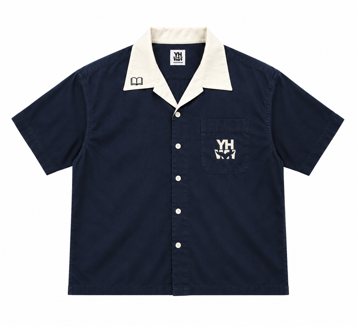 A navy blue short-sleeve camp collar button-up shirt with a cream collar, featuring a chest pocket with a white embroidered 'YHWH' logo and white buttons.