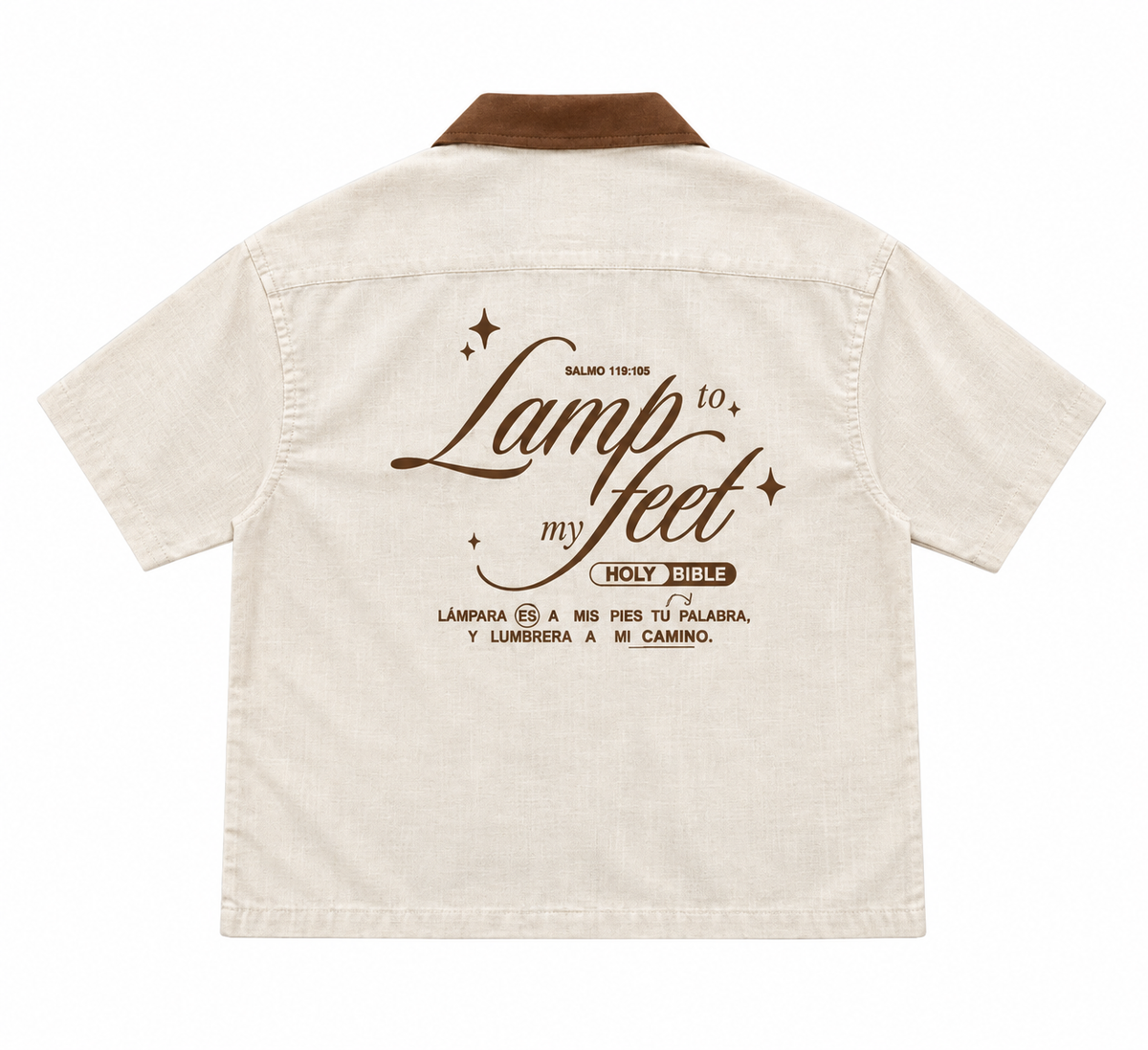 An beige short-sleeve button-up shirt shown from the back, featuring a brown collar and a brown graphic print on the back that reads 'Lamp to my feet HOLY BIBLE' with scripture references.